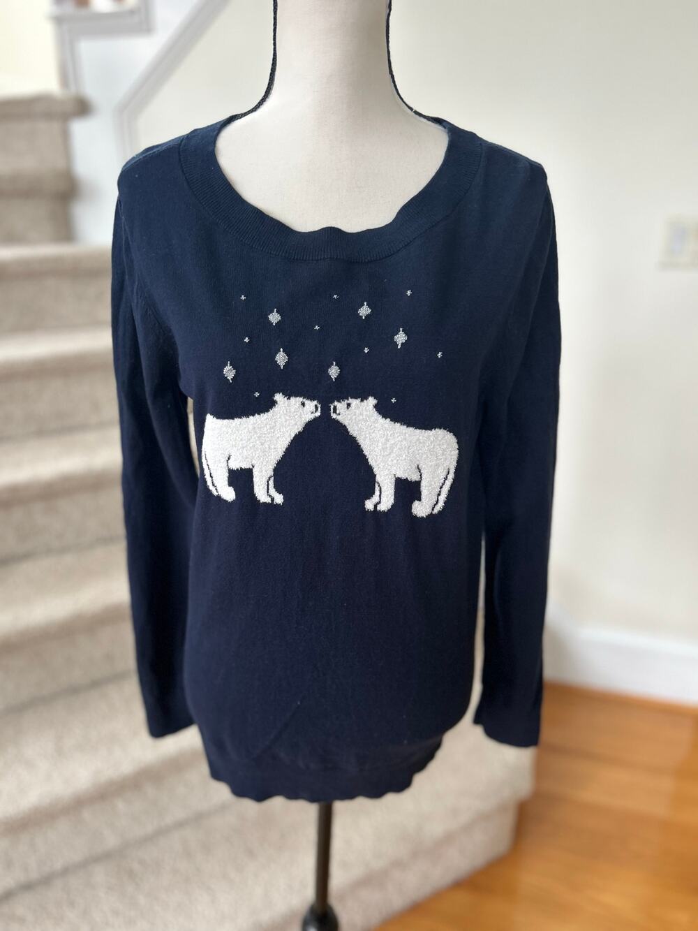 Loft Navy Fuzzy Polar Bear Winter Holiday Long Sleeve Crewneck Sweater